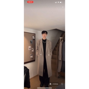 黑色中长款毛呢大衣男款冬季加厚呢子风衣外套310A-F88-P80图片
