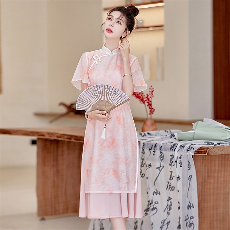 优雅气质改良版旗袍连衣裙女夏季新款修身显瘦粉色长裙,女装连衣裙,利佳可人