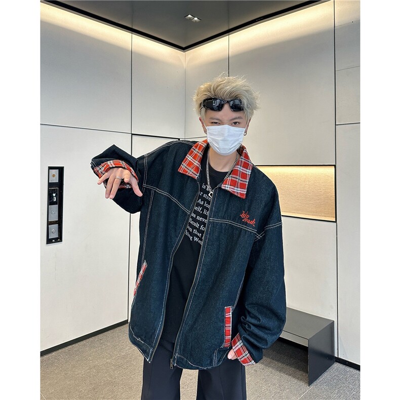 美式复古撞色格纹夹克牛仔外套男JK8963P75,男装夹克,星座1116-2