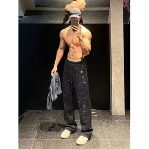 美式扎染刺绣弯刀卫裤男春秋健身运动阔腿裤子直筒垂感脏脏裤图片