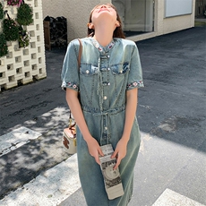 牛仔裙子女夏2025新款收腰显瘦胖MM休闲时尚绣花牛仔连衣裙长裙，女装连衣裙，红龙果