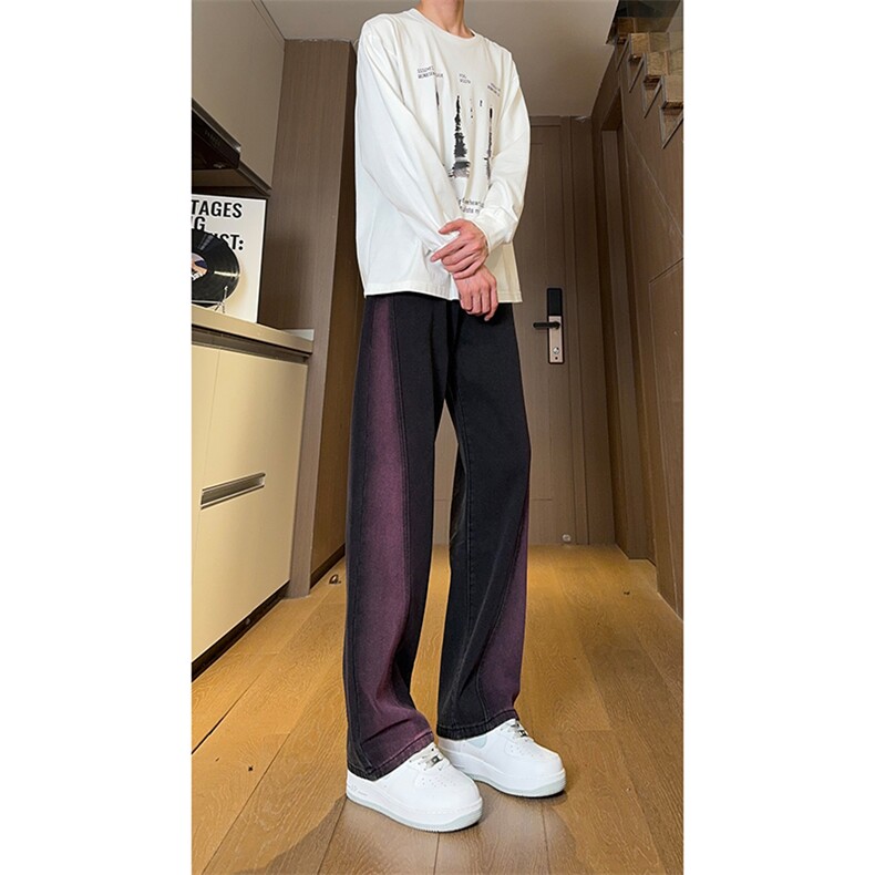 现货黑紫色拼接宽松阔腿直筒撞色休闲牛仔裤男女K5820-P50控78,男装牛仔裤,星座205