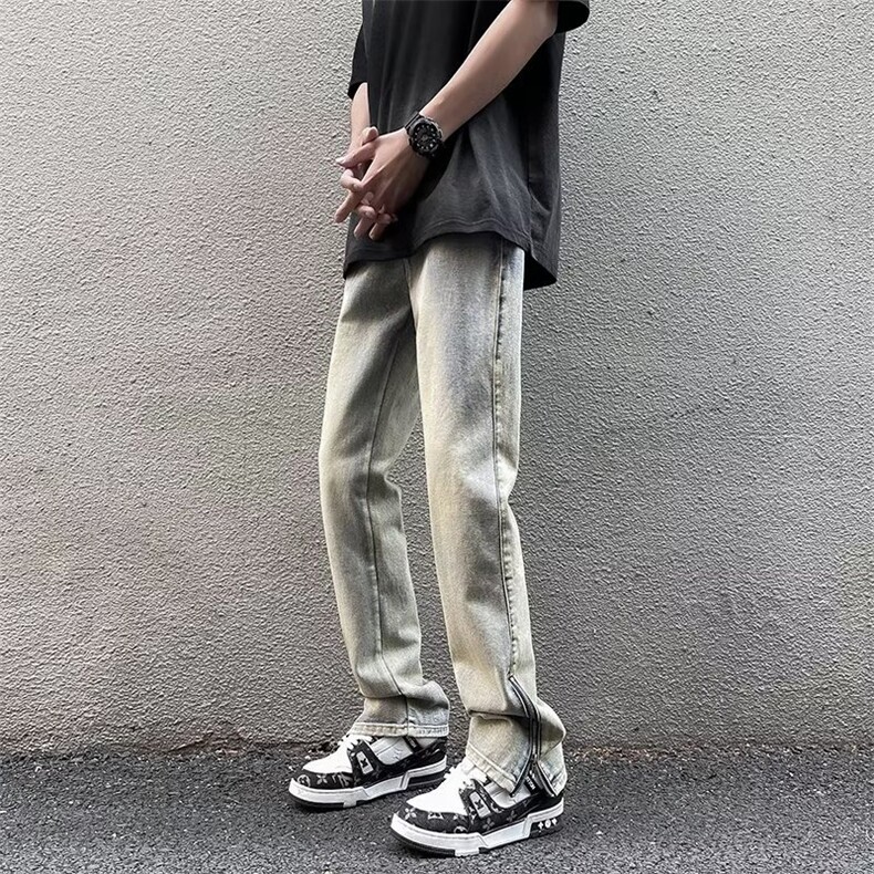 美式高街牛仔裤男hiphop百搭宽松直筒裤泥黄色复古裤子WN679-P40图片