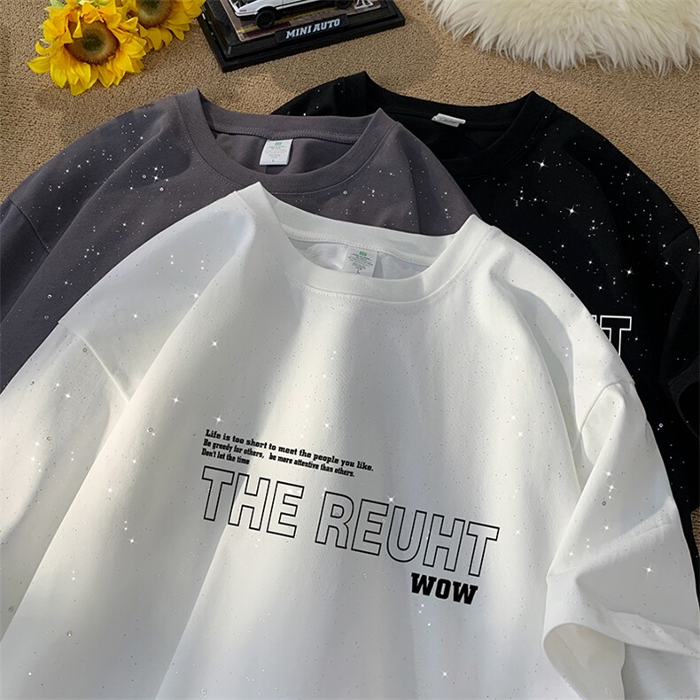 量大优供抖音视频支持得物配合二开美式满天星亮片短袖T恤MTX336,男装T恤,电商A486