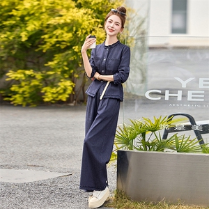 时尚休闲牛仔套装女2025春季新款超好看收腰上衣复古阔腿裤两件套图片