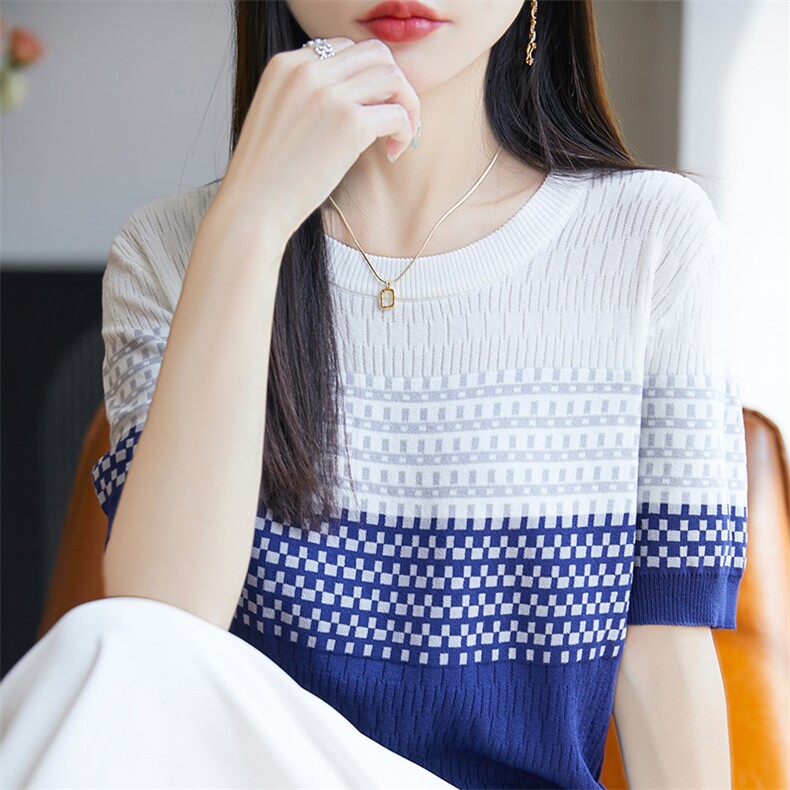 时尚渐变短袖t恤女夏季2025新款打底衫洋气大码女装冰丝针织上衣,女装T恤,皓宇羊绒