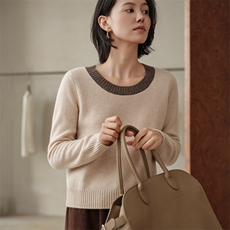 2025秋冬新款羊绒衫女100山羊绒针织衫圆领套衫拼色加厚保暖上衣，女装羊绒衫，绒知纯羊绒