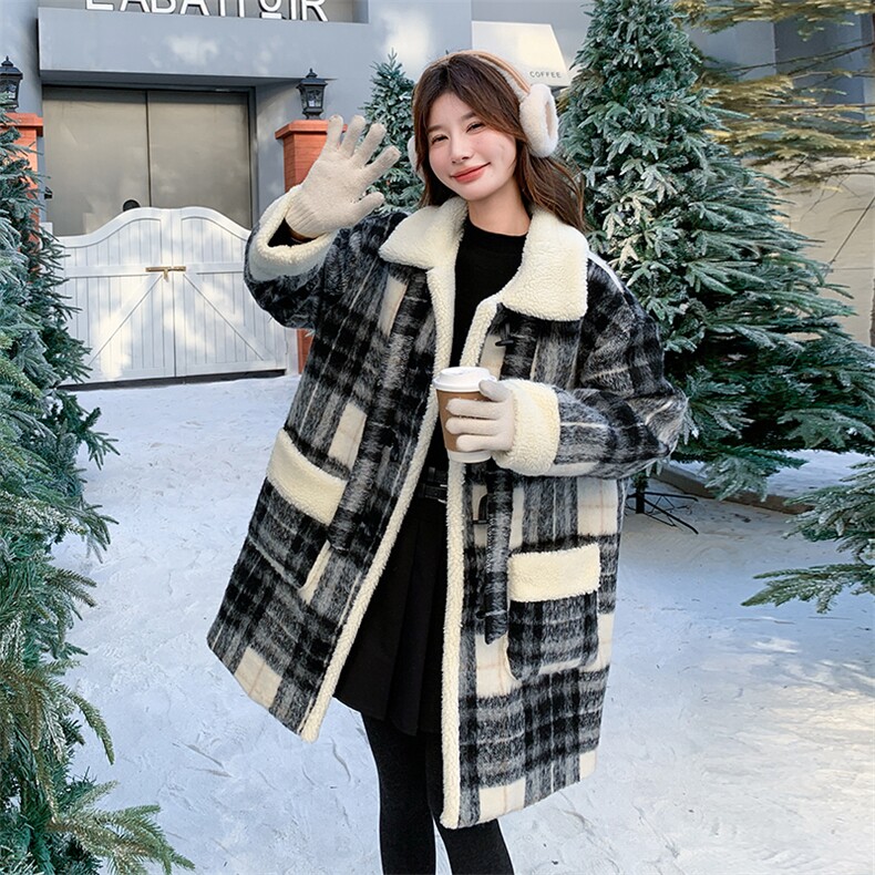 中长款羊羔毛加棉格子毛呢外套2C317A-8830-P205-K295,女装毛呢外套,2C317A