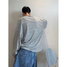 美式复古卷边条纹长袖t恤男款秋季宽松慵懒风卫衣cleanfit打底衫，男装T恤，星座506A