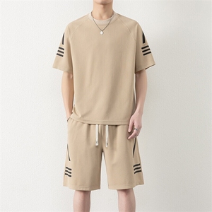 纯色二开TZ25307-特P55运动套装男夏季新款潮流条纹宽松短袖T恤图片
