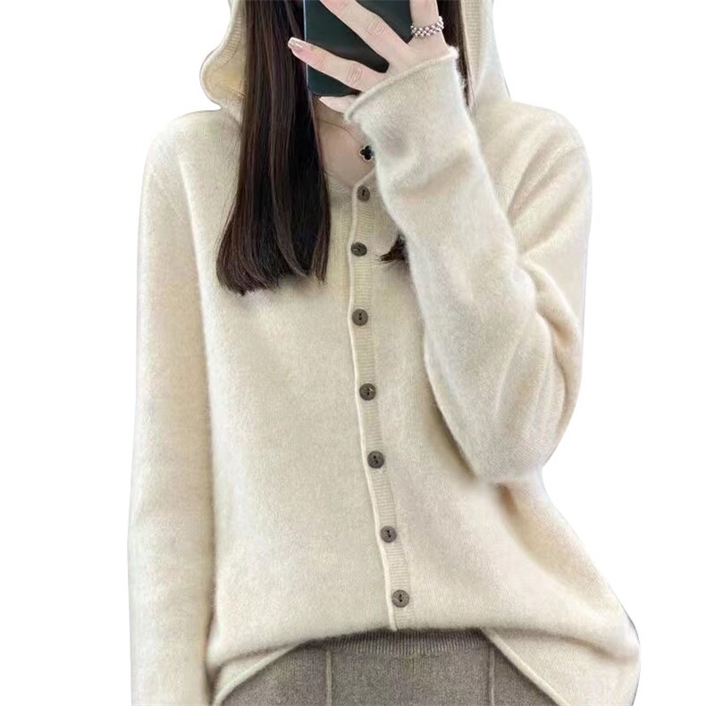 一线成衣100%纯羊毛针织连帽开衫女士长袖毛衣外套宽松羊绒衫上衣,针织衫/毛衣,萱芳婷羊绒