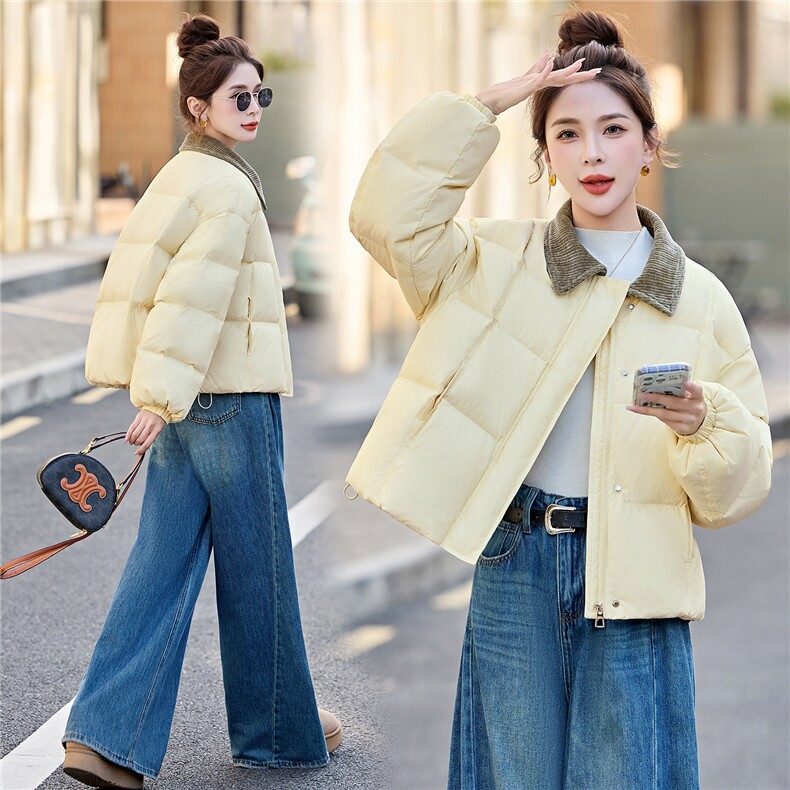新款冬季撞色拼接翻领领羽绒服2025年冬季时尚潮流图片