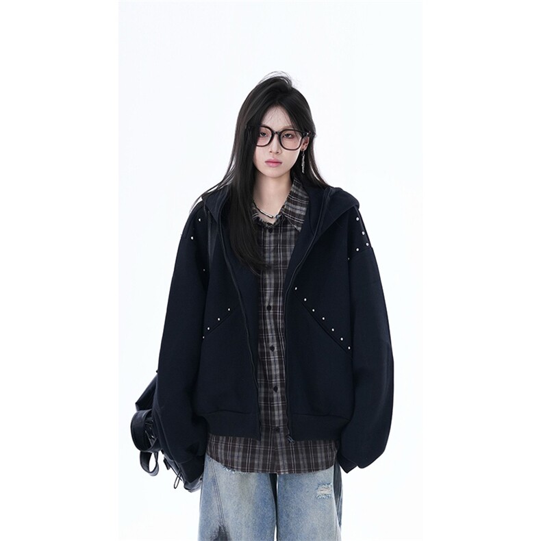 抖音得物高品质 26春装美式高街铆钉杜宾犬耳朵开衫卫衣外套W125图片