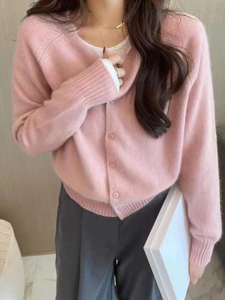 开衫女宽松短款毛衣外套软糯针织衫百搭显瘦上衣,针织衫/毛衣,半城羊绒