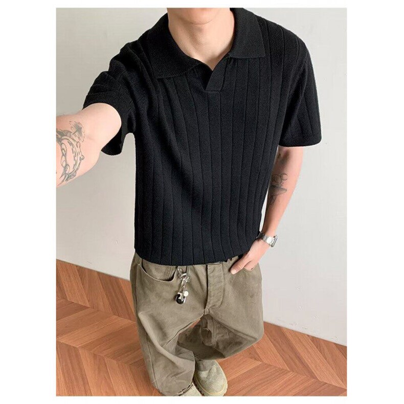 美式复古polo领竖条纹针织短袖修身百搭T翻领针织衫上衣-PL507,男装Polo衫,星座601-1