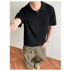 美式复古polo领竖条纹针织短袖修身百搭T翻领针织衫上衣-PL507，男装Polo衫，星座601-1