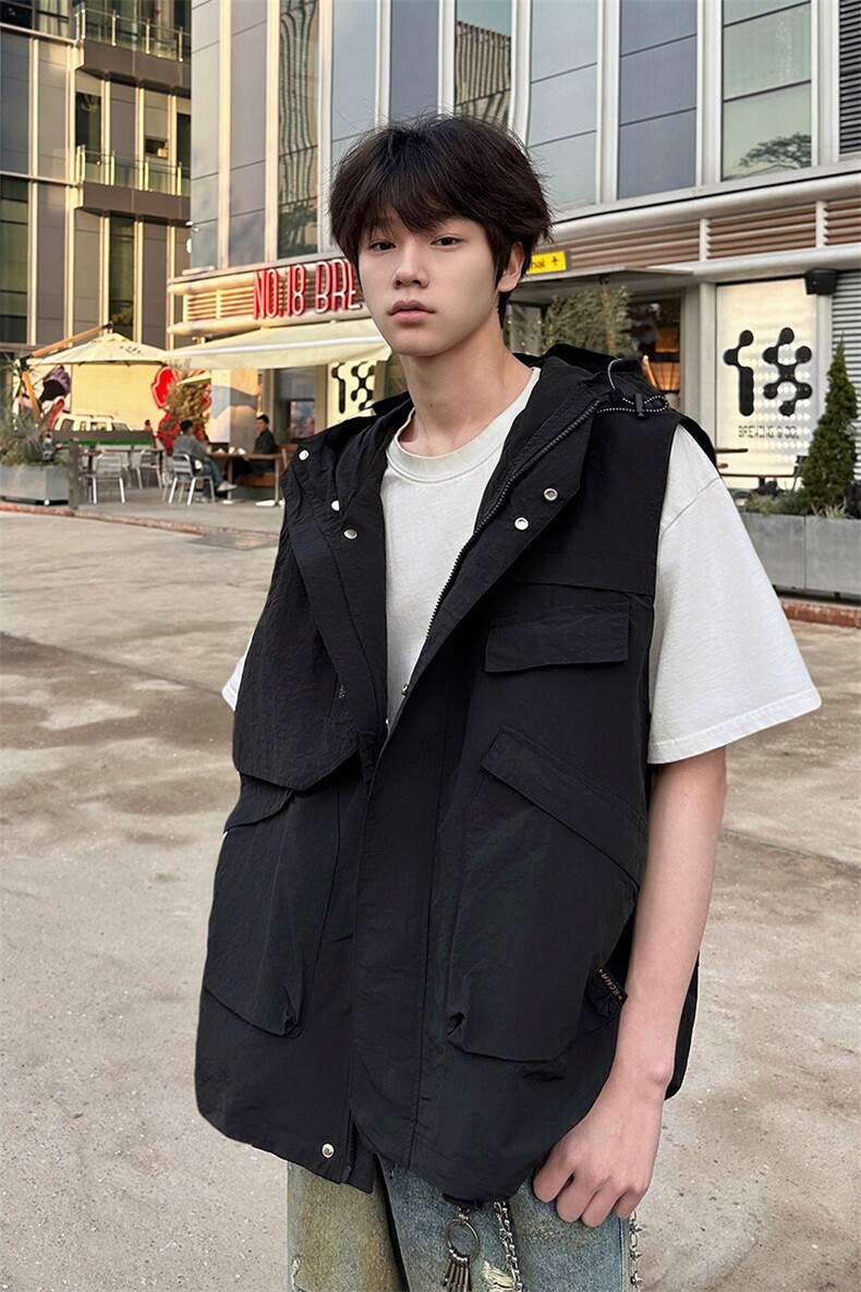 8XL-M四季工装外套街头机能口袋连帽防水无袖马甲坎肩JK1316P78,男装夹克,电商D206-1