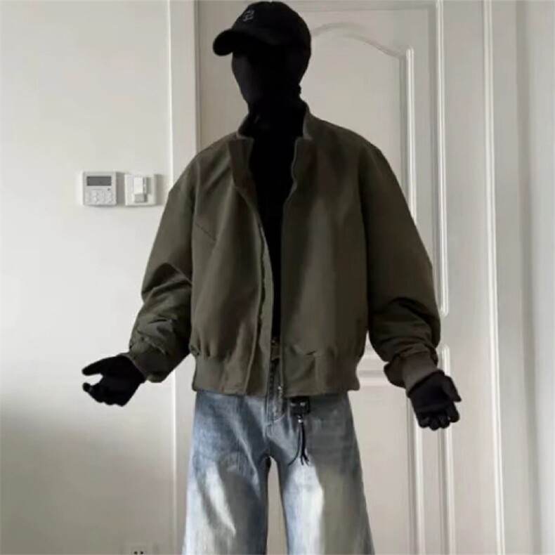 抖音得物美式潮休闲夹克春季立领纯色复古工装加厚棉服外套MF01,男装夹克,电商A443