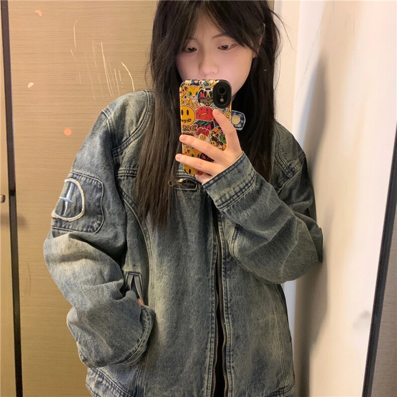 JK8936-P69美式复古水洗做旧拉链口袋牛仔外套男女潮流痞帅，男装工装外套，电商B323A