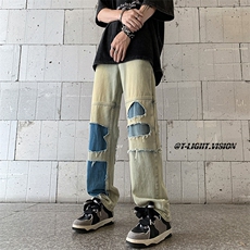 B221美式ins高街暗黑小众撞色破洞直筒牛仔裤LK23109-P65控88，男装牛仔裤，电商B221