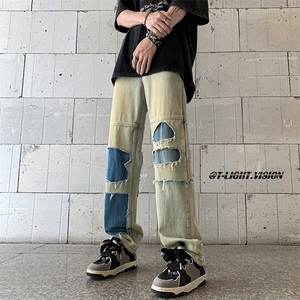 B221 美式ins高街暗黑小众撞色破洞直筒牛仔裤 LK23109-P65 控88图片
