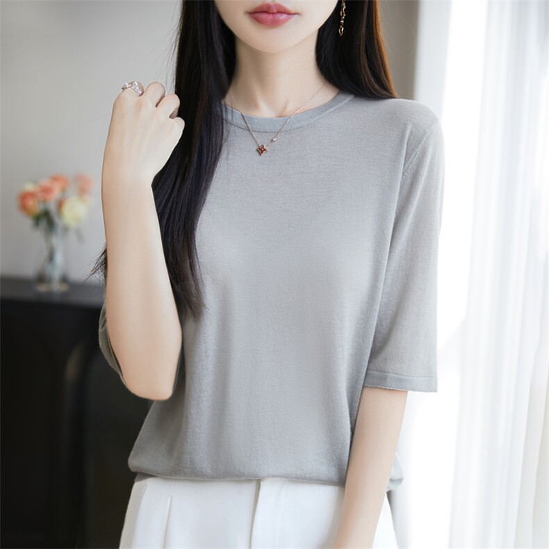 夏季薄款圆领水溶羊毛针织五分袖T恤女宽松舒适时尚短袖上衣打底，女装针织衫/毛衣，暖烁特种纱工厂店