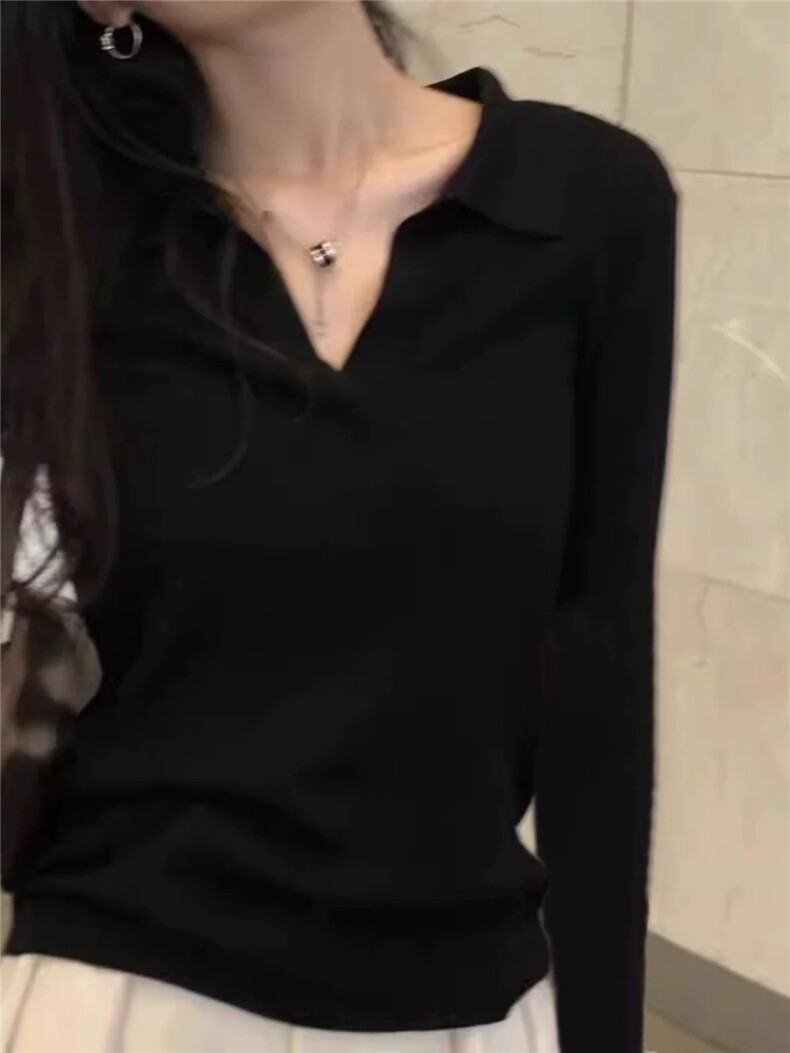 超显瘦黑色V领长袖针织衫t恤正肩上衣薄早秋Polo领天丝羊毛打底衫图片