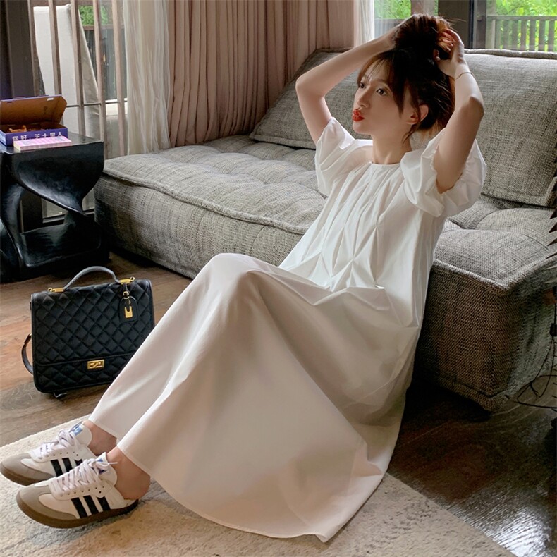 白色泡泡袖初恋连衣裙女2024年夏季新款法式简约宽松小个子茶歇裙,女装连衣裙,浙宝276（原081）