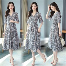 碎花雪纺连衣裙女中长款2025夏季新款韩版收腰显瘦气质小清新夏裙,女装连衣裙,星宇服饰