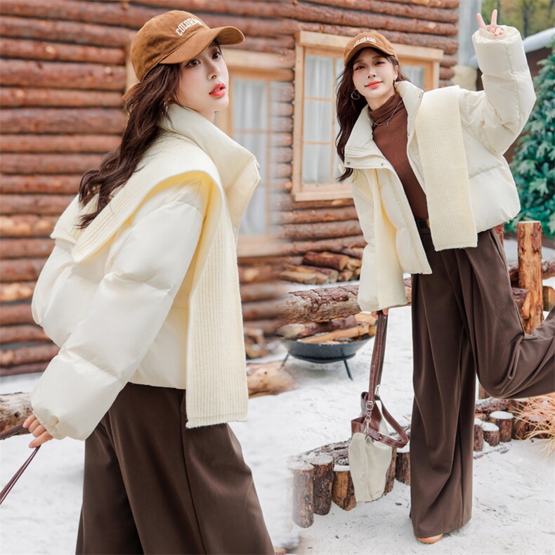 粉色短款披肩羽绒服女2024冬新款洋气云朵泡芙感白鸭绒面包服外套,女装羽绒服,雅静靓衣