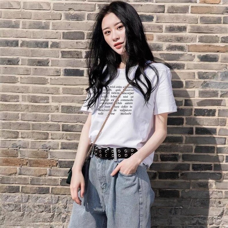 新款韩版时尚百搭休闲字母印花简约短袖T恤,女装T恤,L·H·X