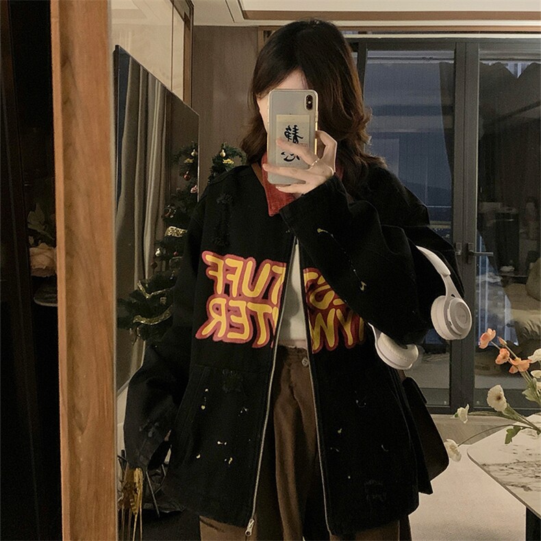 字母印花破洞底特律廓形夹克女2025年早春新款美式外套潮C750-88,男装夹克,星座911-2(原星座613-2）