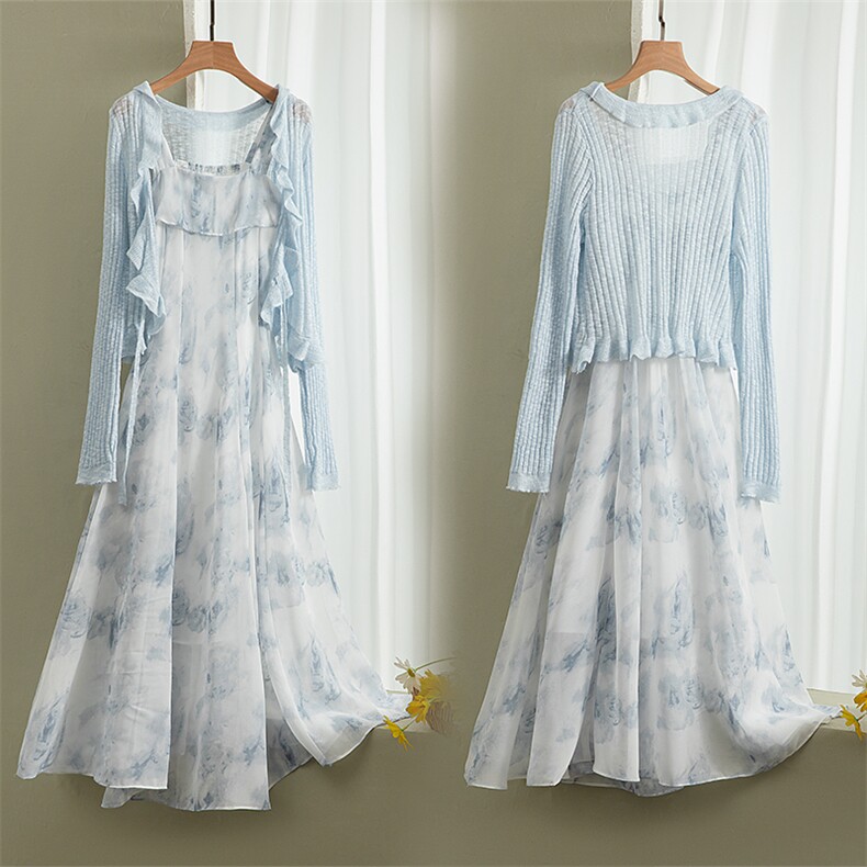 夏新款典雅休闲时尚水墨色兰色碎花小外套+吊带裙两件套装，女装套装/套裙，曼琳思菲