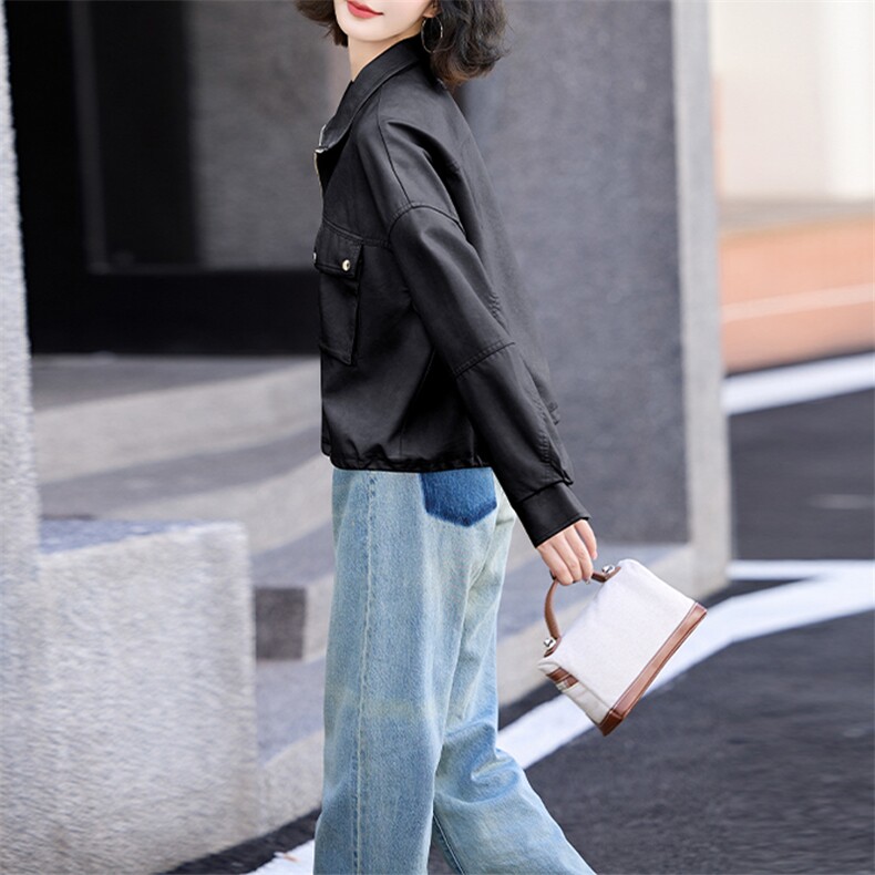 小众立领夹克上衣女2024秋季新款显瘦短款外套工装风棒球皮衣,女装皮衣,美拉德工厂直营店