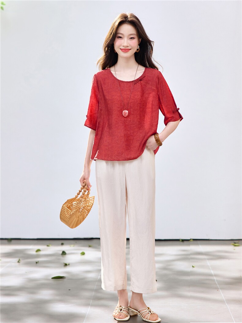 长期现货2026夏季新款提花上衣女中年妈妈冰天丝阔腿裤休闲两件套,女装套装/套裙,璐依舞