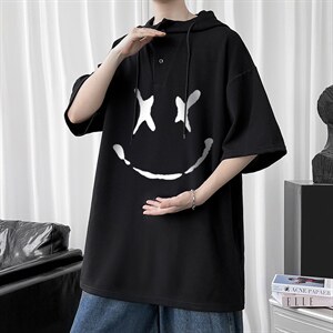 LD54190-P45 连帽短袖t恤男大码胖子带帽五分袖中袖图片