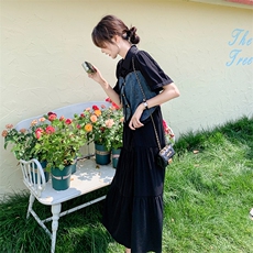 设计感牛仔拼接连衣裙女2025夏季新款韩系减龄显瘦假两件a字长裙，女装连衣裙，2C032