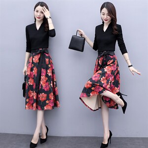 新款时尚气质优雅高弹V领上衣+麂皮绒套裙，女装套装/套裙，岚衣(原川流布茜）