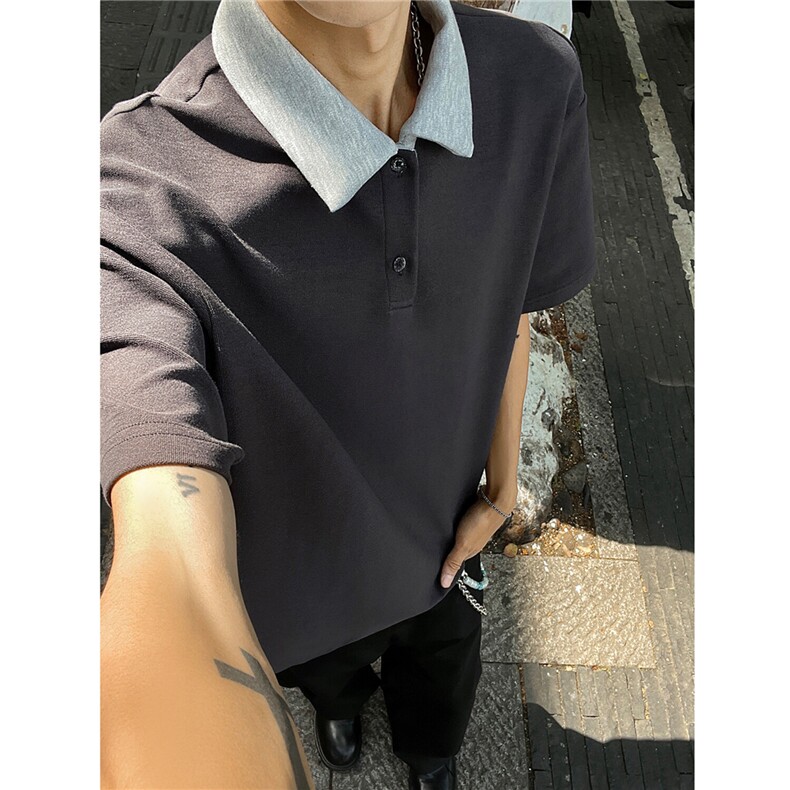 主推拼色翻领重磅POLO衫短袖T恤宽松短宽上衣男H1099特P33，男装Polo衫，电商A341