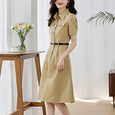 工装衬衫裙女短袖中长款2025夏季新款休闲时尚收腰显瘦气质连衣裙，女装连衣裙，姿衣坊