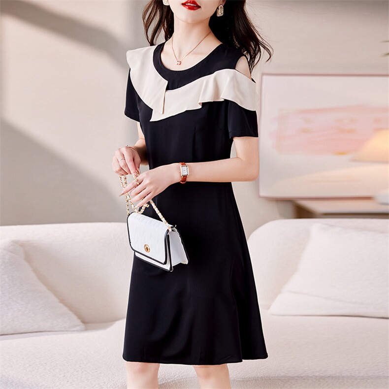 洋气露肩连衣裙女夏季新款显瘦遮肉设计感小众气质拼接裙子,女装连衣裙,唯依ONLY