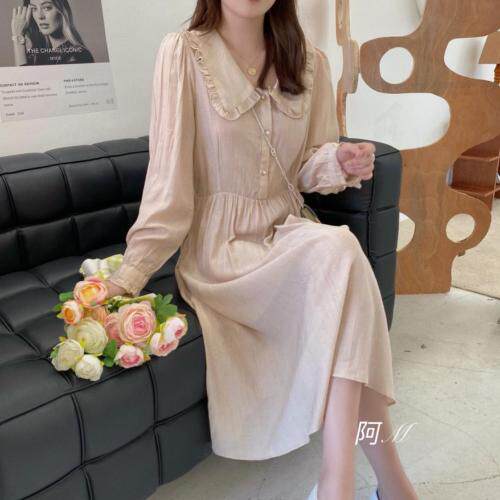 韩版荷叶边收腰连衣裙，女装连衣裙，阿M