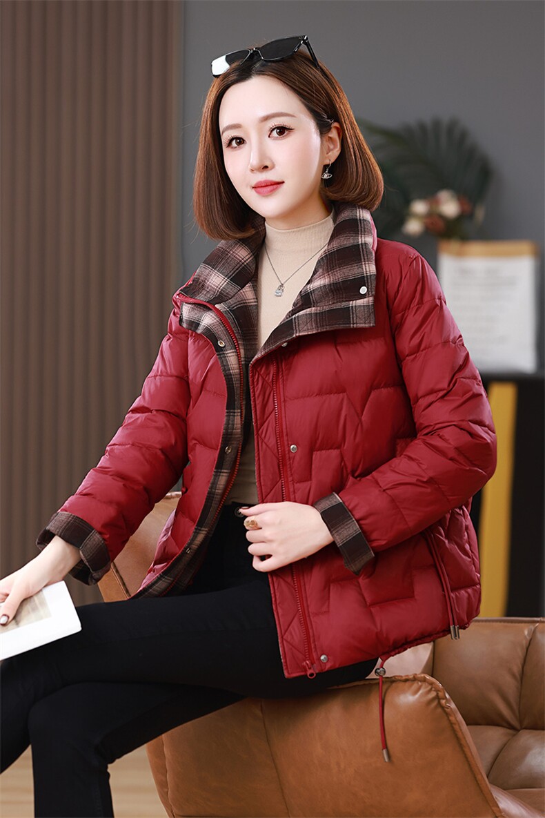 2025冬装新款撞色格纹拼接立领棉衣外套,女装棉衣/棉服,雪樱依海
