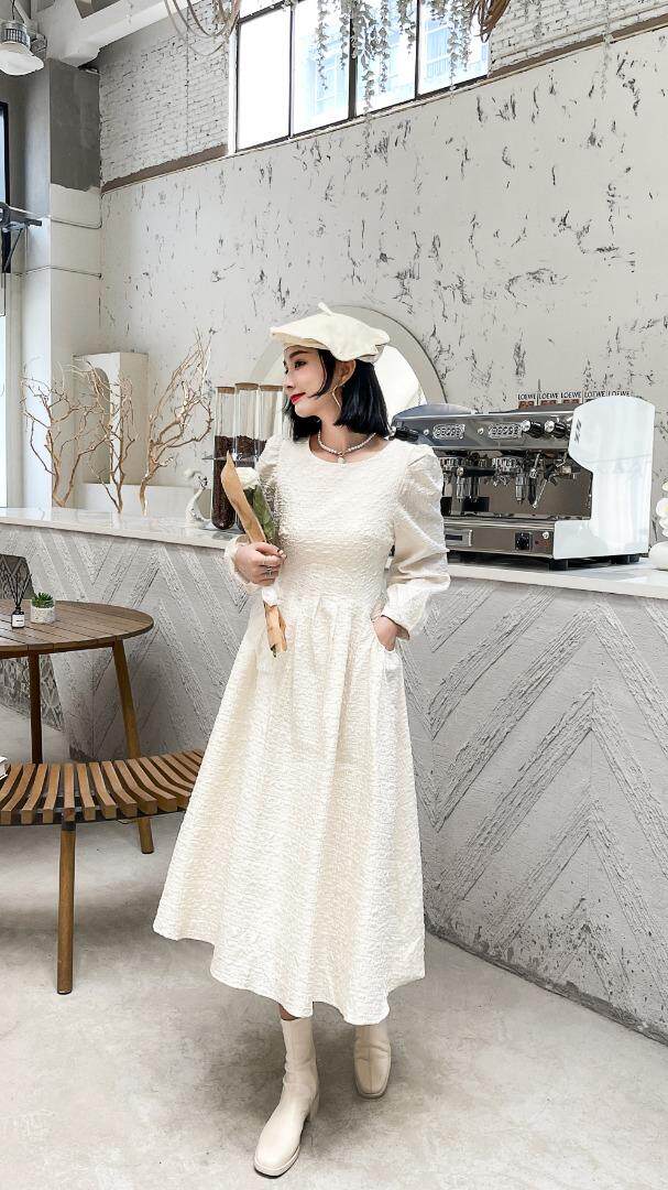 时尚圆领泡泡袖收腰连衣裙，女装连衣裙，Balance Studio