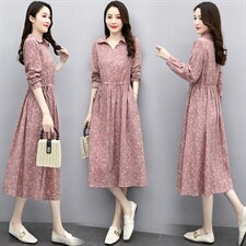 2021春季新款简约时尚优雅复古印花中长款棉麻连衣裙，女装连衣裙，香水丽阁