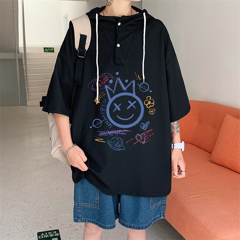 LD54180-P45连帽短袖t恤男大码胖子带帽五分袖中袖,男装T恤,电商A040