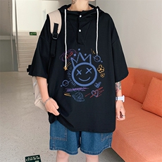 LD54180-P45连帽短袖t恤男大码胖子带帽五分袖中袖，男装T恤，电商A040