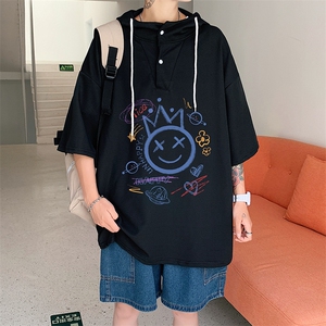 LD54180-P45 连帽短袖t恤男大码胖子带帽五分袖中袖图片