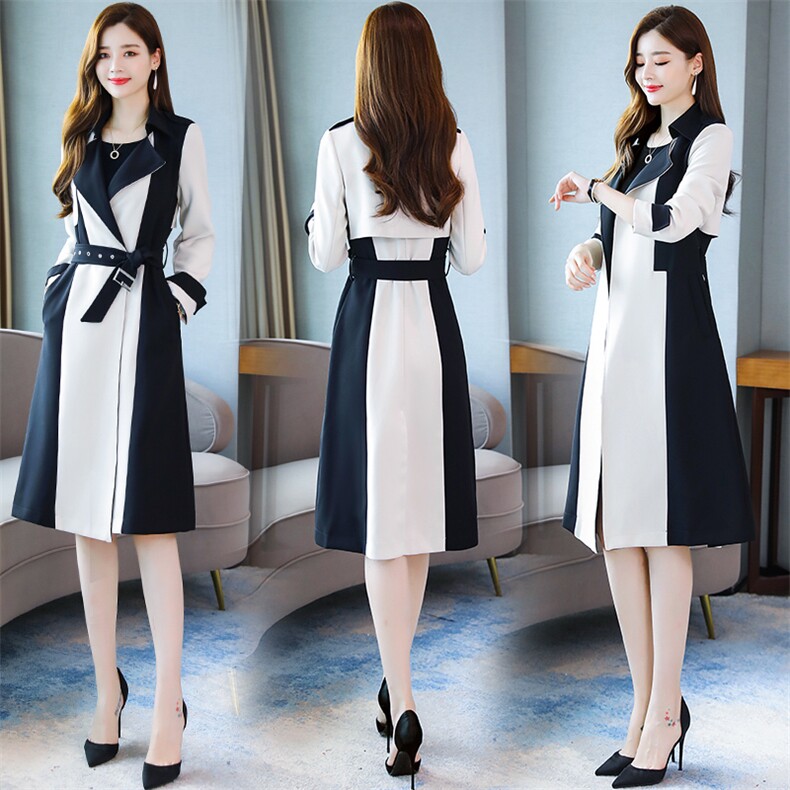 2020秋款时尚拼色长款风衣女修身显瘦气质外套，女装风衣，橙子家