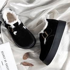 新款毛毛鞋女2024冬季复古真皮小白鞋女厚底保暖休闲女鞋加绒棉鞋，女鞋毛毛鞋，电商A223